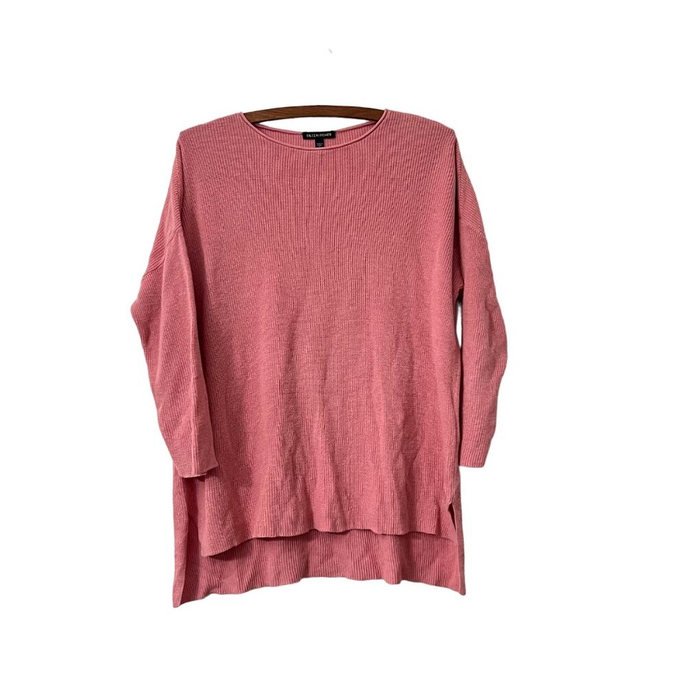 Eileen Fisher Womens Pink Ribbed Italian Yarn Linen Blend Hi Lo Sweater Size S
